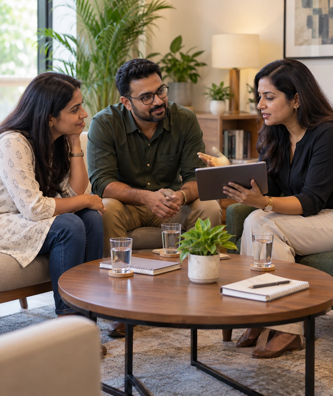 Researcher explaining study details to participants during a welcoming research conversation