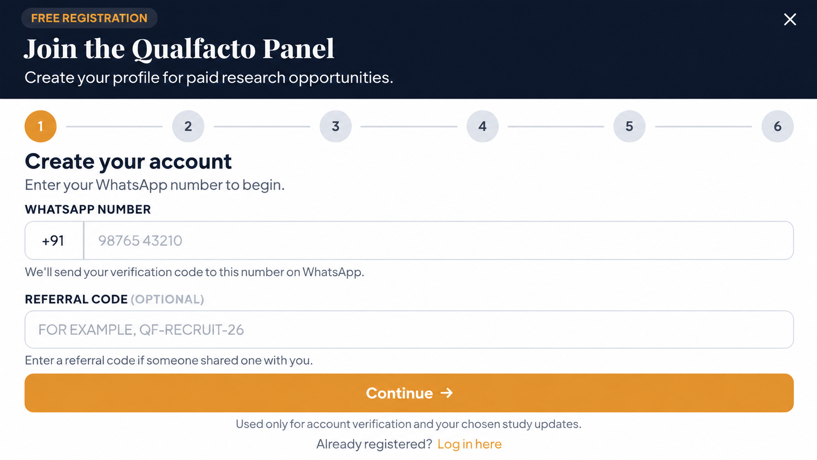Illustrative Join the Qualfacto Panel registration form with WhatsApp number, optional referral code and Continue button