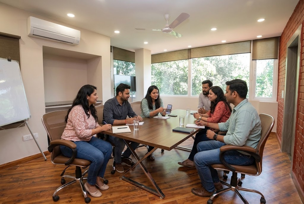 People sharing their experiences around a table during a research group discussion